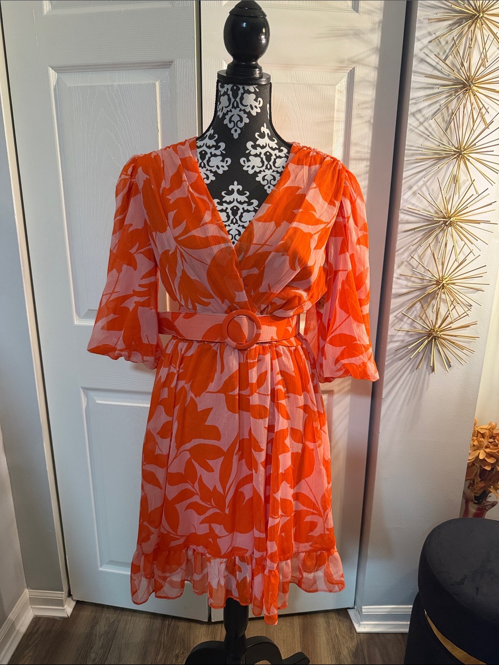 Taylor Orange and Pink Floral V-Neck Belted Mini Dress